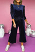 Solid Velvet Ruffled Two Piece Pants Set